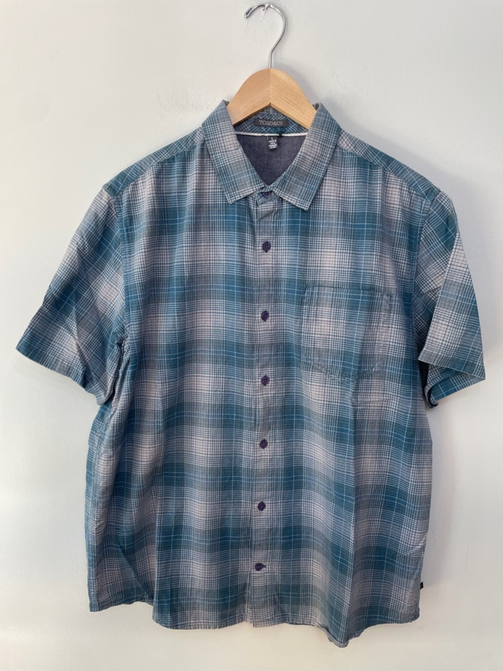 Toad&Co Organic Cotton Plaid Shirt Short Sleeve Outdoors Blue Gray Men’s L